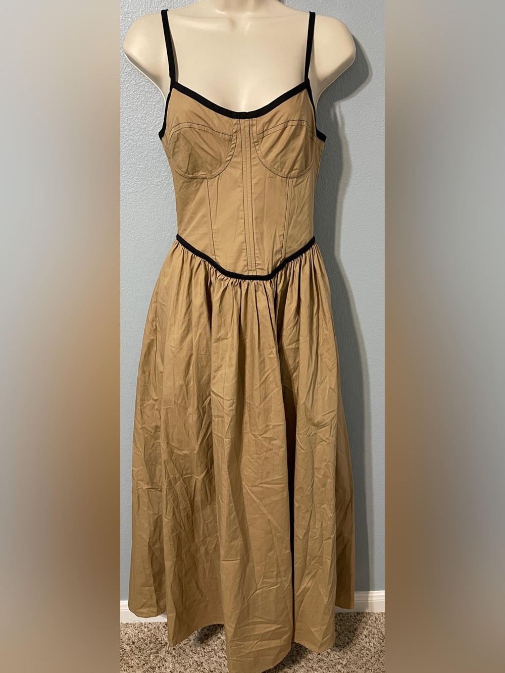 Anthropologie Moon River Corset Midi Dress Tan Black Trim Cotton Poplin XS - Picture 2 of 7